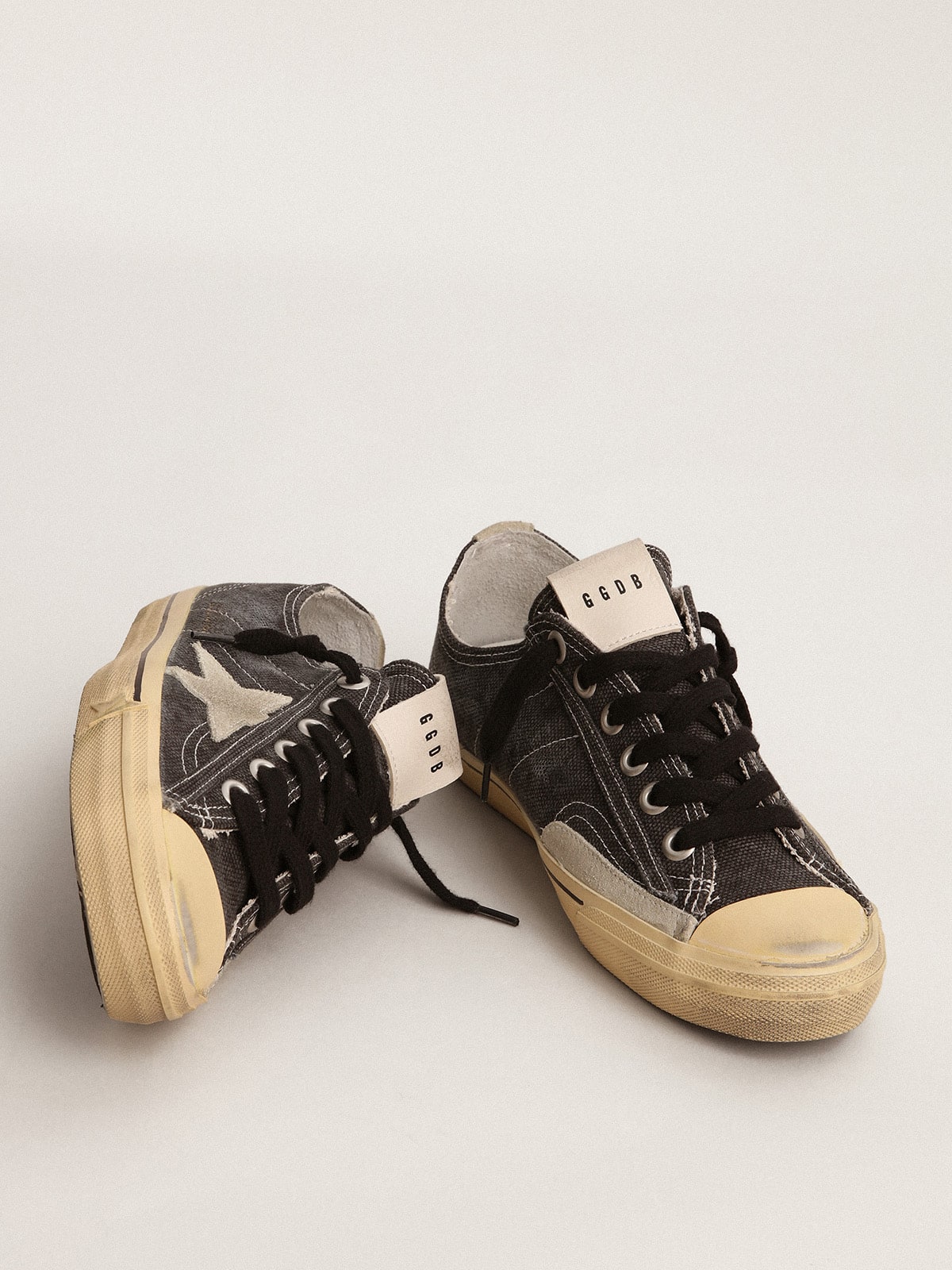 Golden Goose - Women's V-Star LTD in black canvas with ice-gray star and heel in 