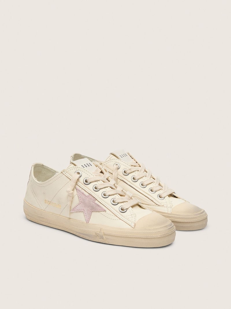 Golden Goose - V-Star in nappa beige con stella in suede color rosa antico in 