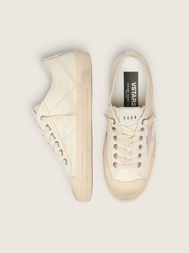 Golden Goose - V-Star in nappa beige con stella in suede color rosa antico in 