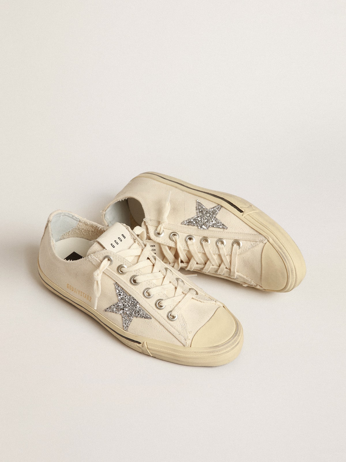 Golden Goose - V-Star de lona beige con estrella de purpurina plateada in 