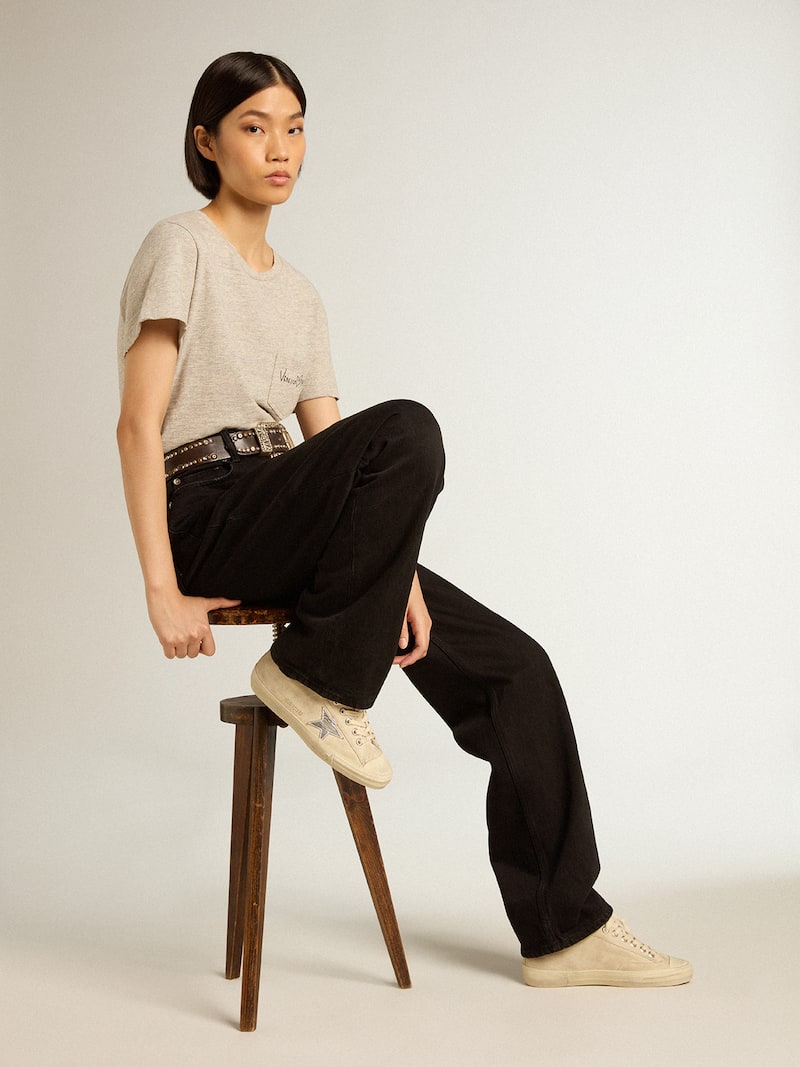 Golden Goose - V-Star Donna in suede color perla con stella in pelle laminata argento in 