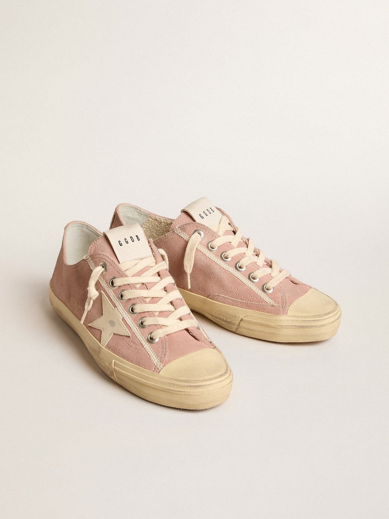 Golden Goose - V-Star Donna in suede rosa con stella in pelle crema in 
