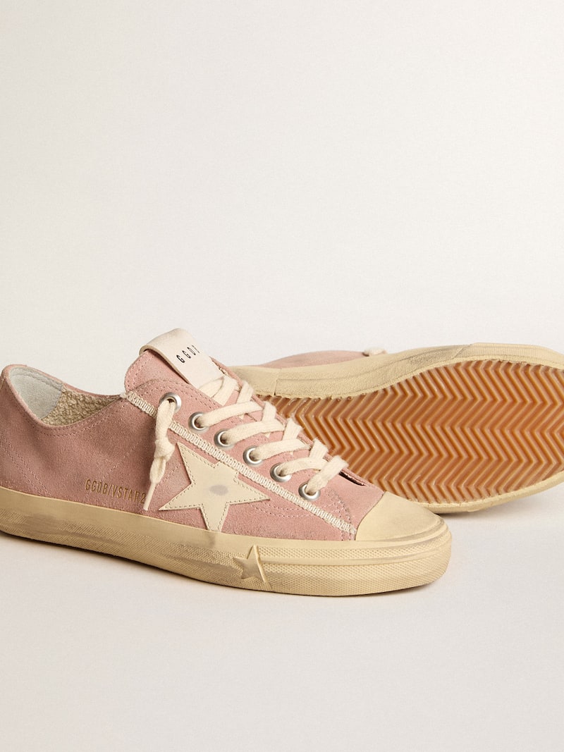Golden Goose - V-Star Donna in suede rosa con stella in pelle crema in 