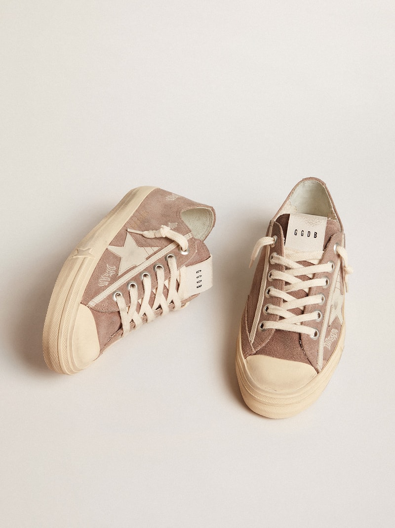 Golden Goose - V-Star Donna in suede color tortora con stella in pelle grigio chiaro in 