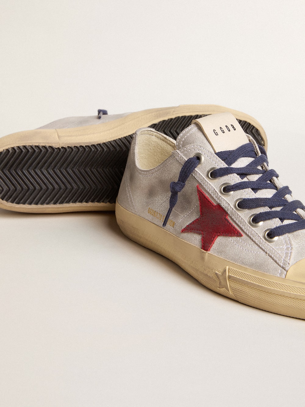 Golden Goose - Women's V-Star LTD in silver metallic suede with red suede star in 
