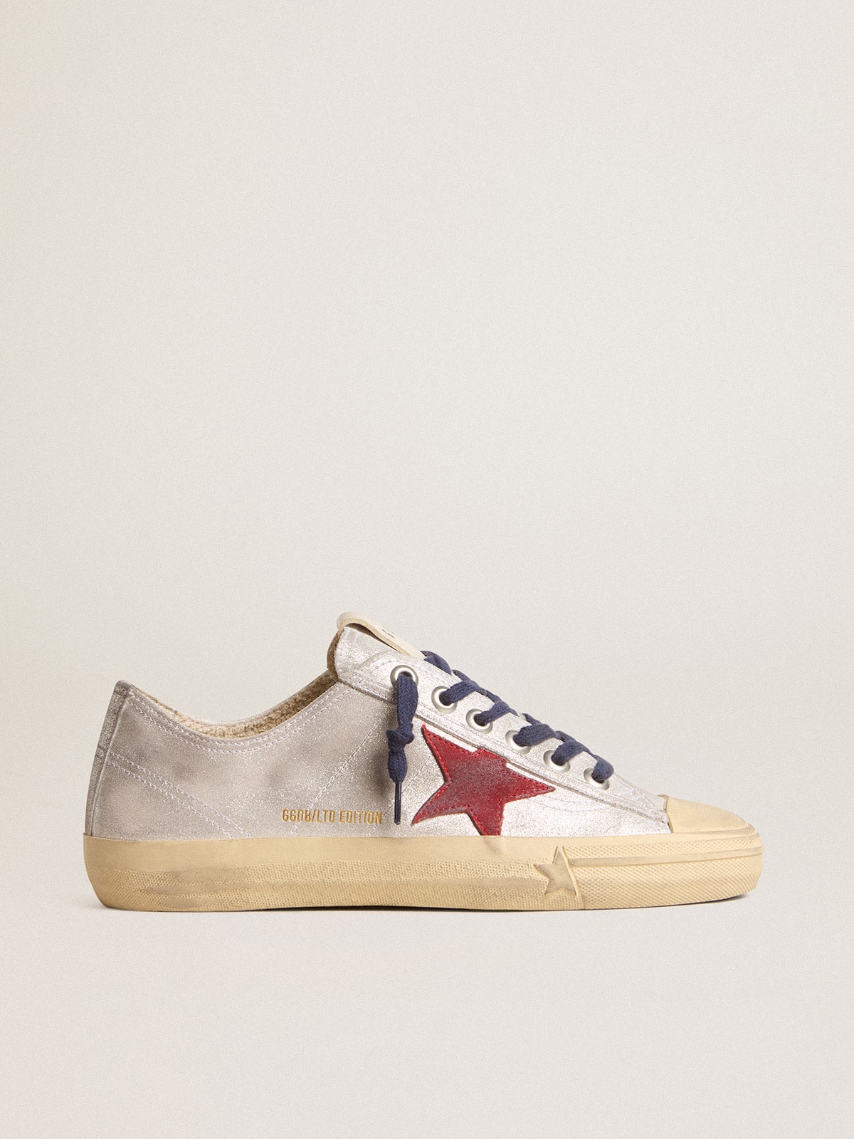 Women s V Star LTD in silver metallic suede with red suede star Golden Goose