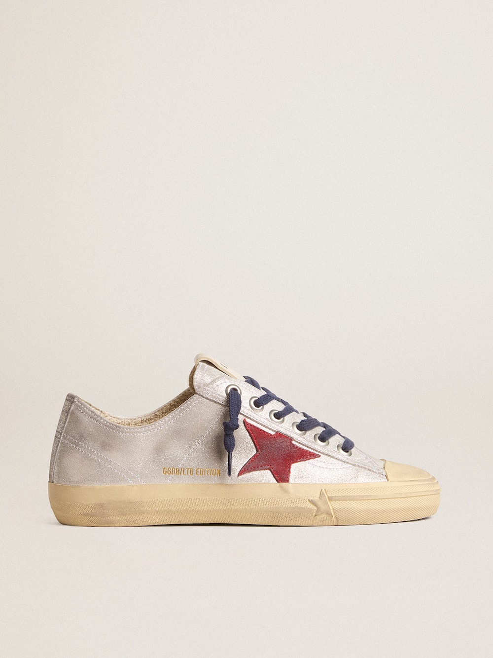 Golden Goose - Women's V-Star LTD in silver metallic suede with red suede star in 
