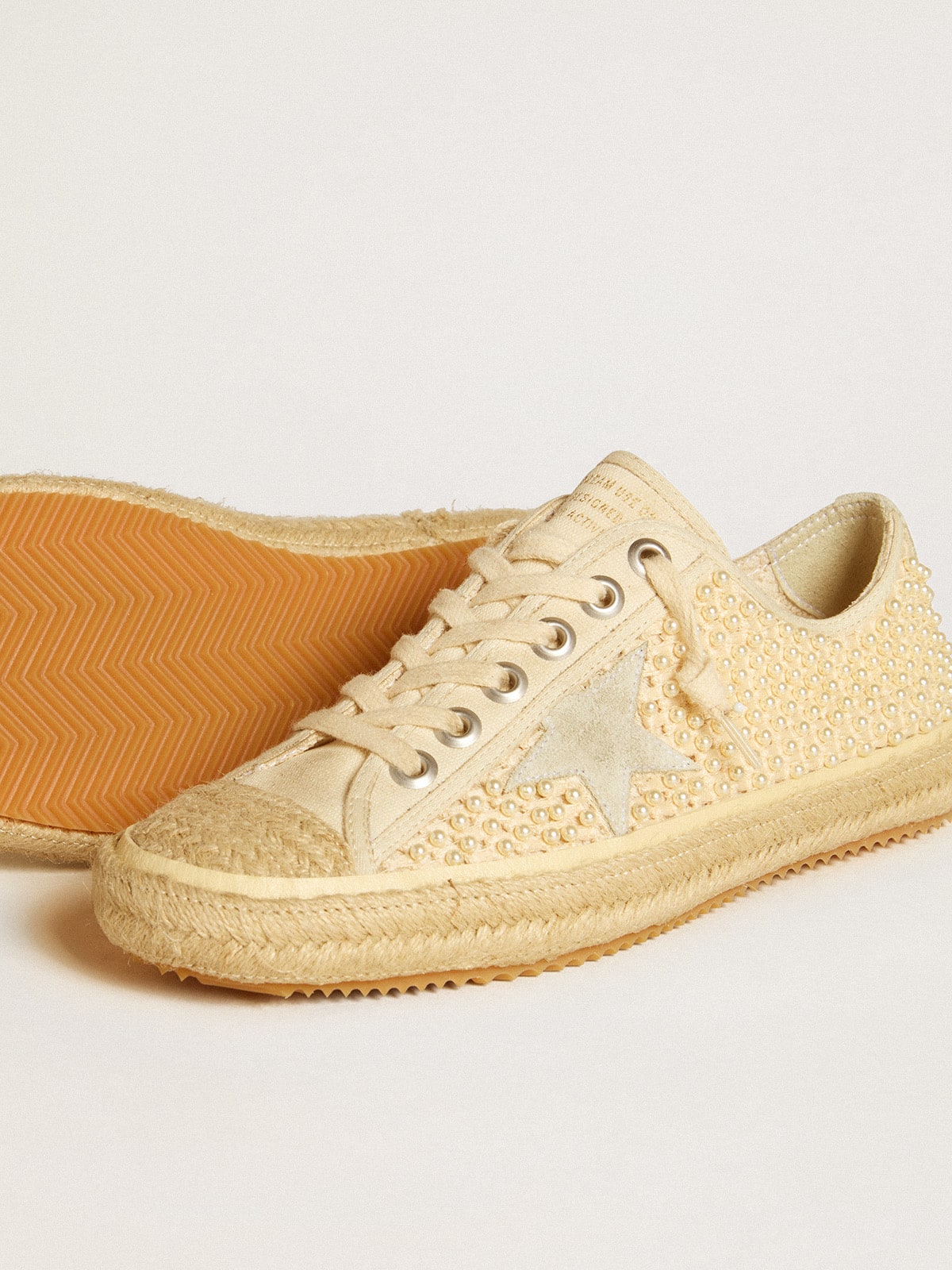 Golden Goose - Women's V-Star in canvas with all-over pearls and raffia in 