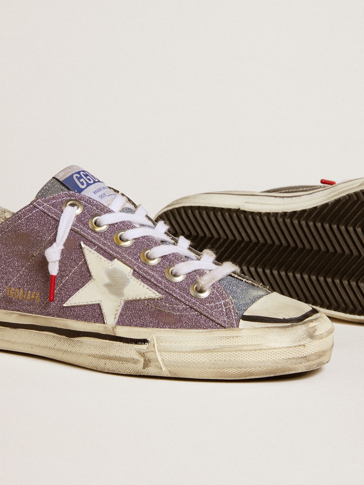 Golden Goose - Women’s V-Star LAB in lilac leather and glitter with white star and silver glitter tongue in 