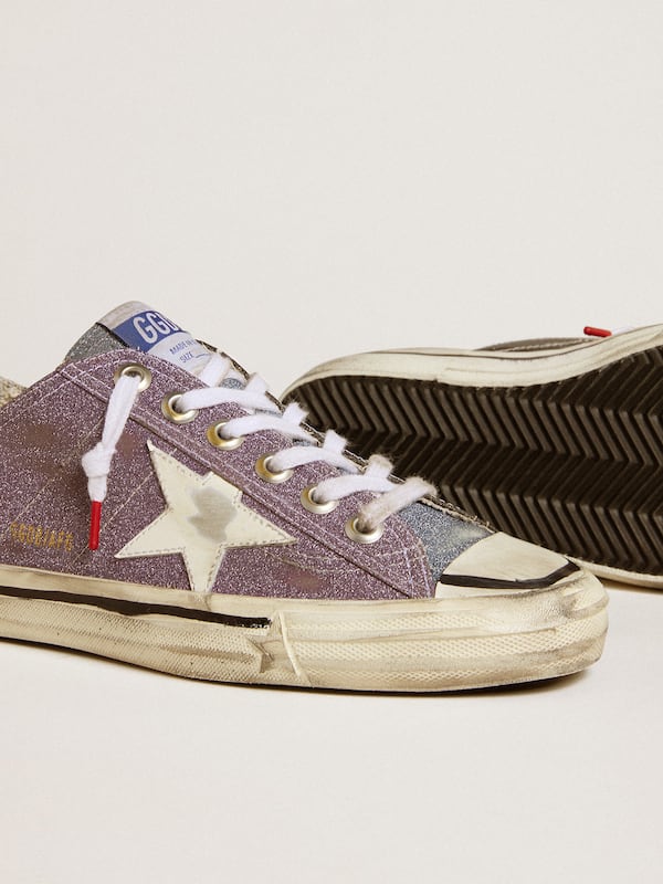 Golden Goose - Women’s V-Star LAB in lilac leather and glitter with white star and silver glitter tongue in 