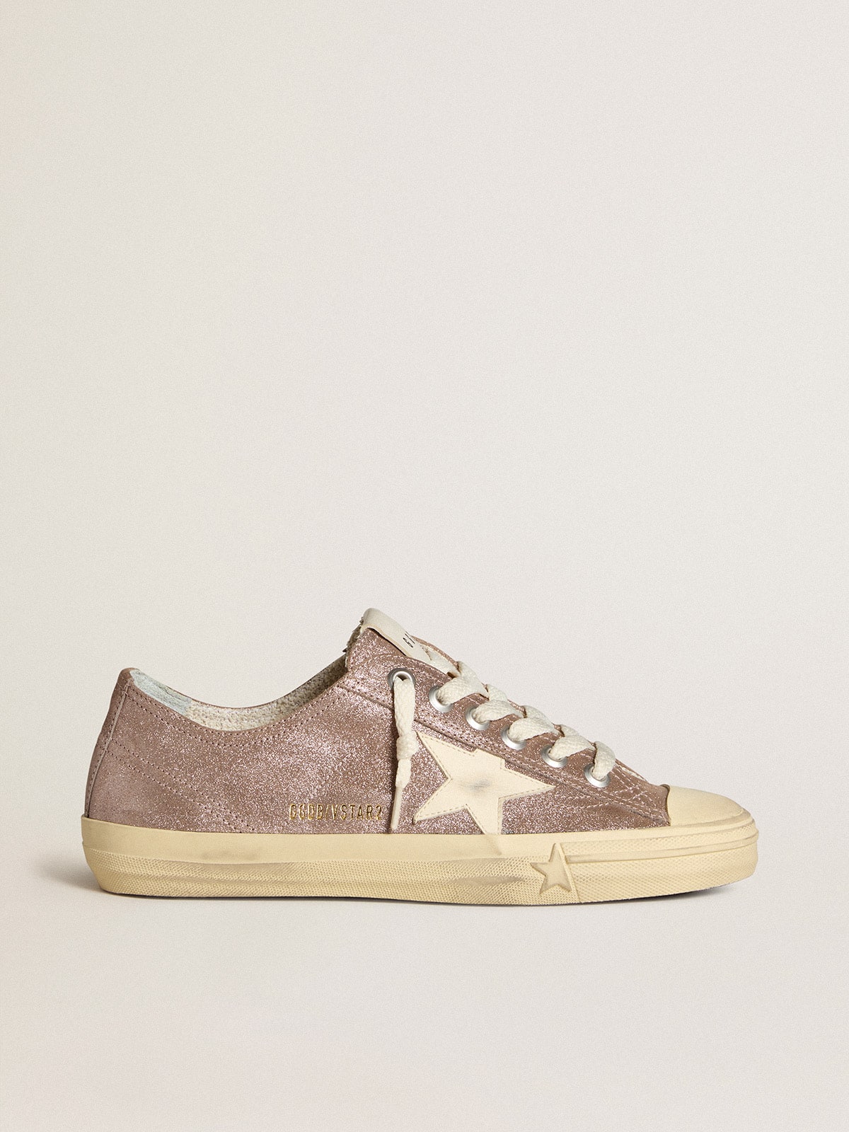 Golden Goose - V-Star de suede metálico marrom-claro com estrela de couro cor creme in 