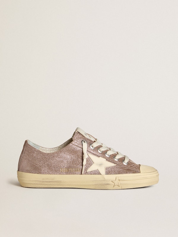 Golden Goose - Women's V-Star in light brown metallic suede with cream leather star in 