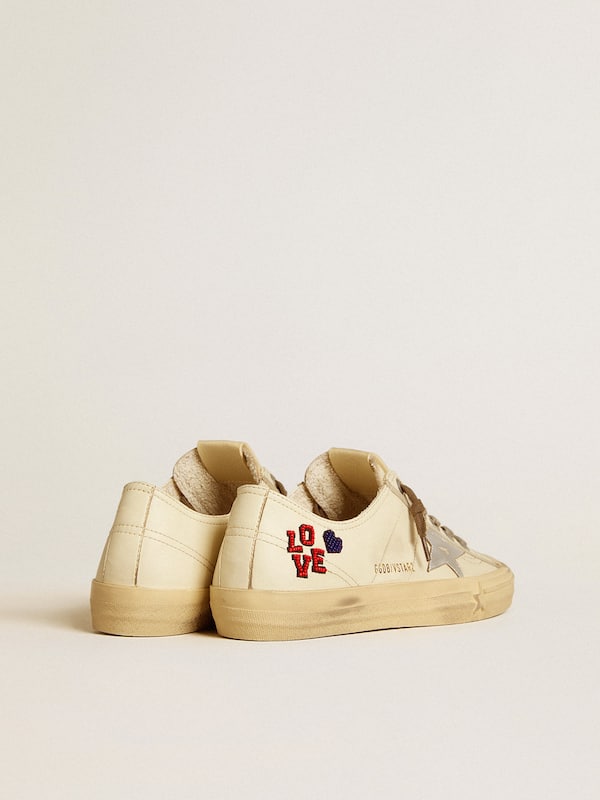 Golden Goose - V-Star in ecru nappa with silver nappa star and beaded embroidery in 