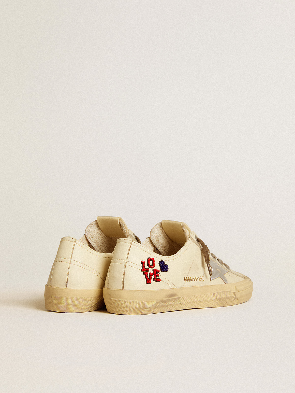 Golden Goose - V-Star in ecru nappa with silver nappa star and beaded embroidery in