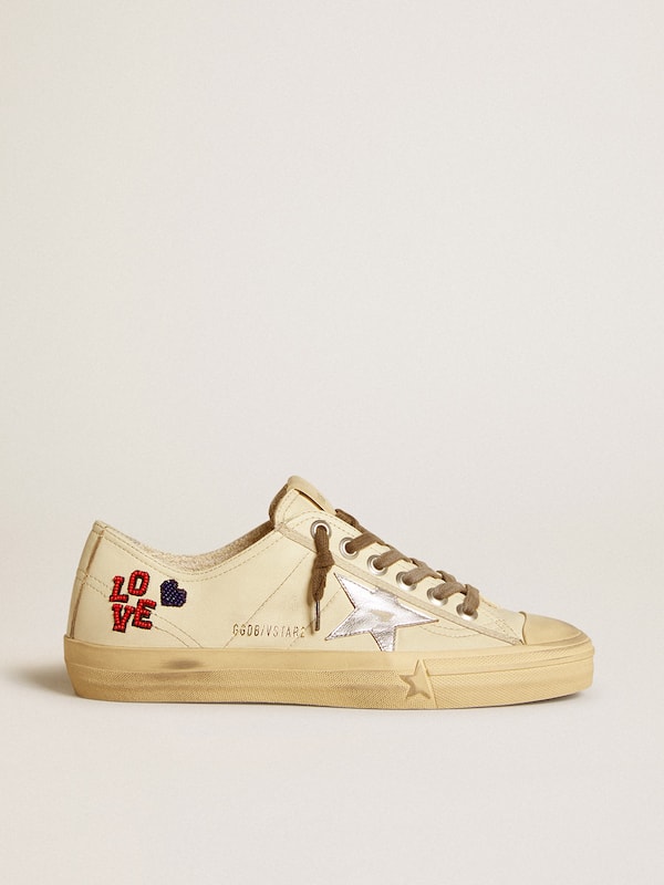 Golden Goose - V-Star in ecru nappa with silver nappa star and beaded embroidery in 