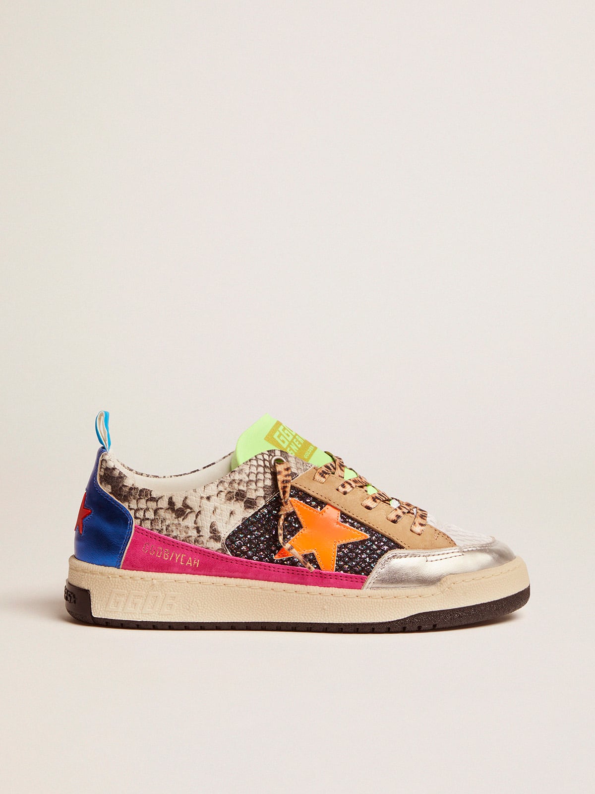 Golden Goose - Women’s snakeskin-print Yeah sneakers with orange star in 