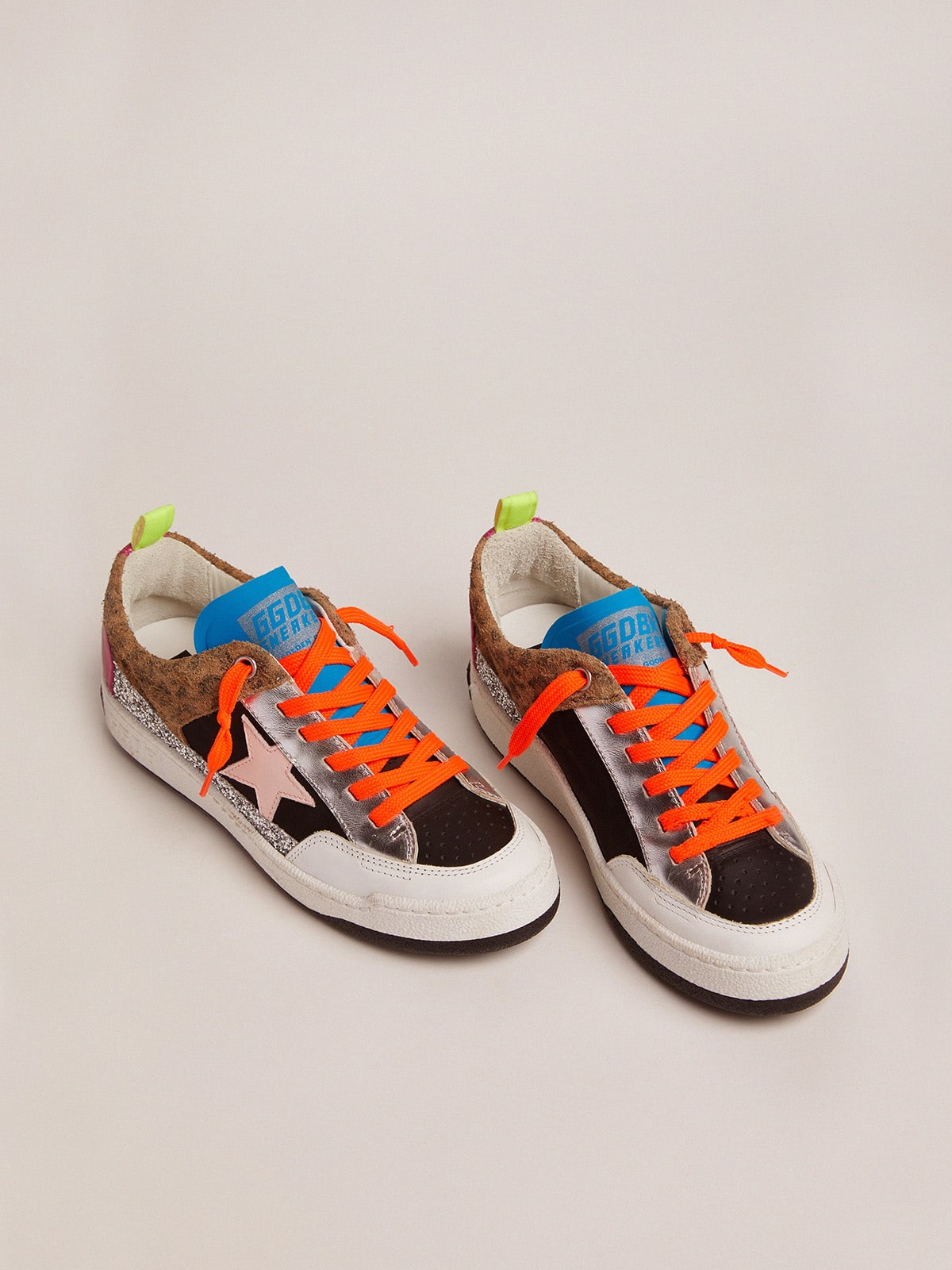 Golden Goose - Yeah sneakers with silver glitter, animal-print and colored leather patchwork in 