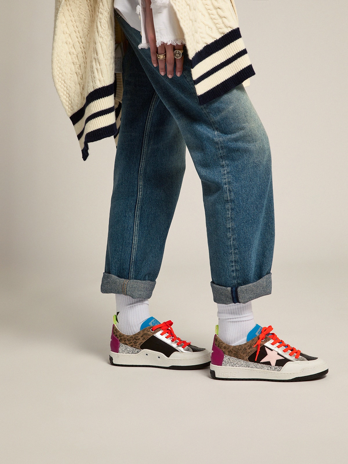 Golden Goose - Yeah mit Patchwork aus Silberglitzer, Animaldessin und farbigem Leder in 