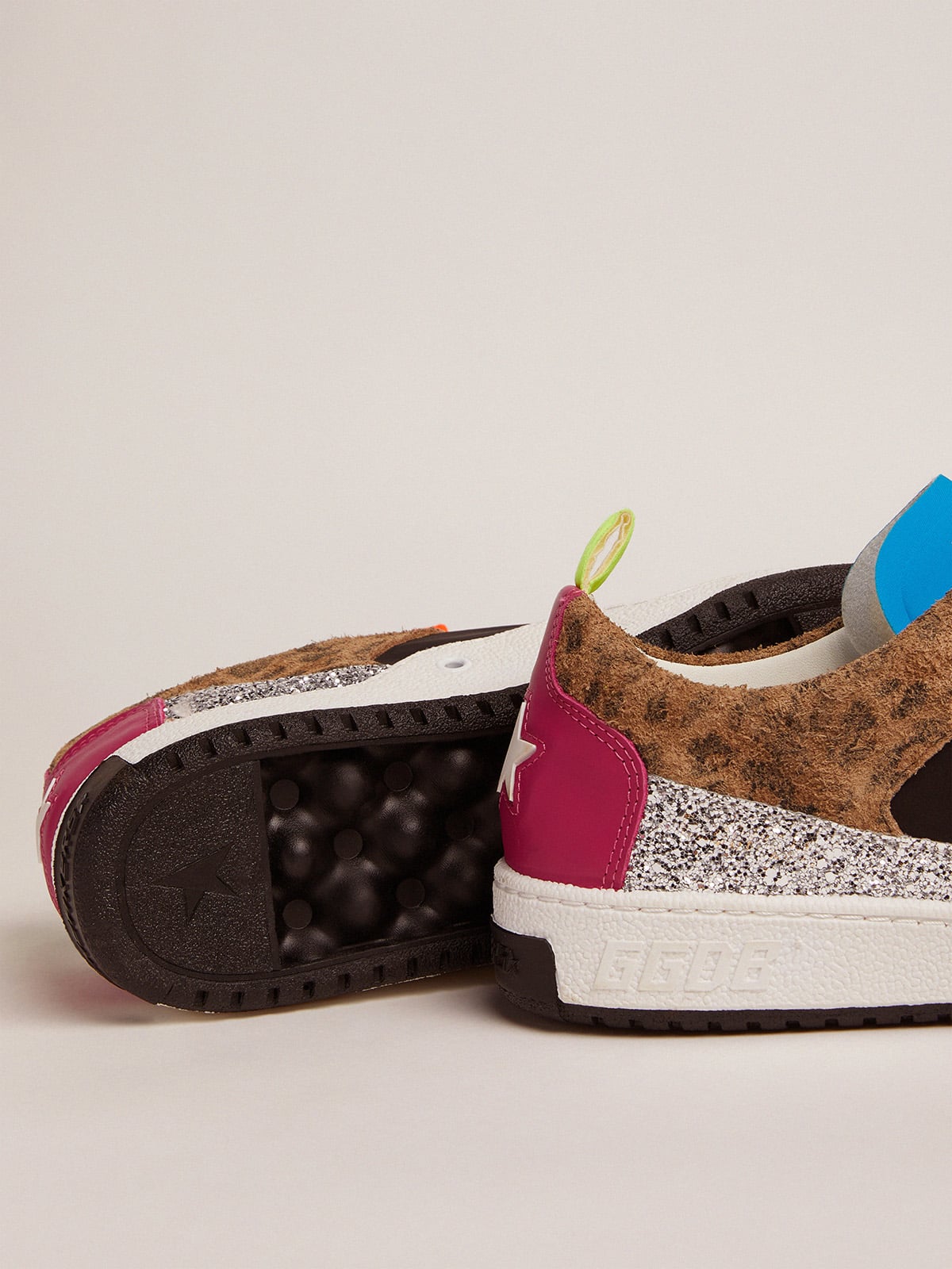 Golden Goose - Yeah sneakers with silver glitter, animal-print and colored leather patchwork in 