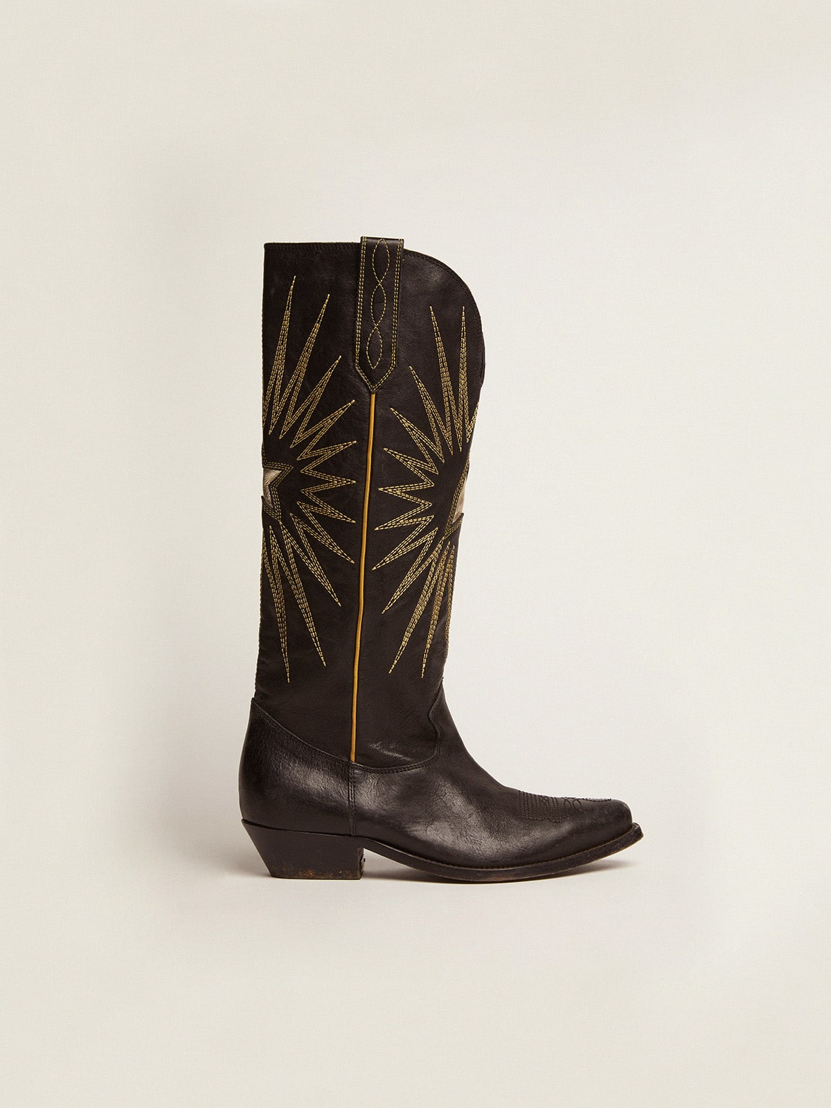 Golden Goose - Bottes femme en cuir noir avec étoile incrustée platine in 