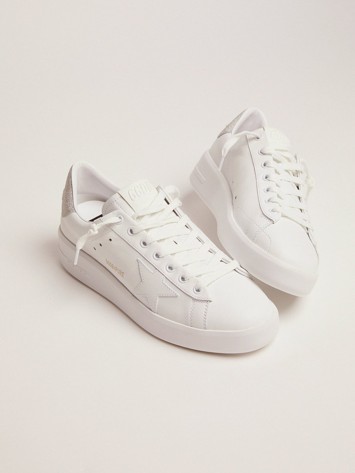 Purestar sneakers in white leather with champagne glitter heel tab ...