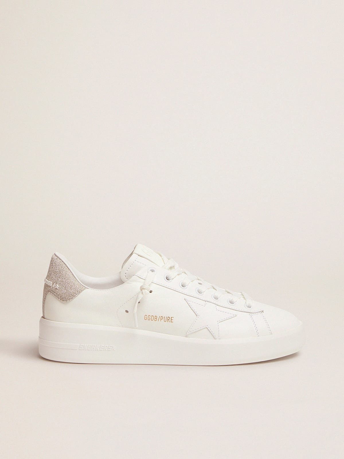 Purestar sneakers in white leather with champagne glitter heel tab ...