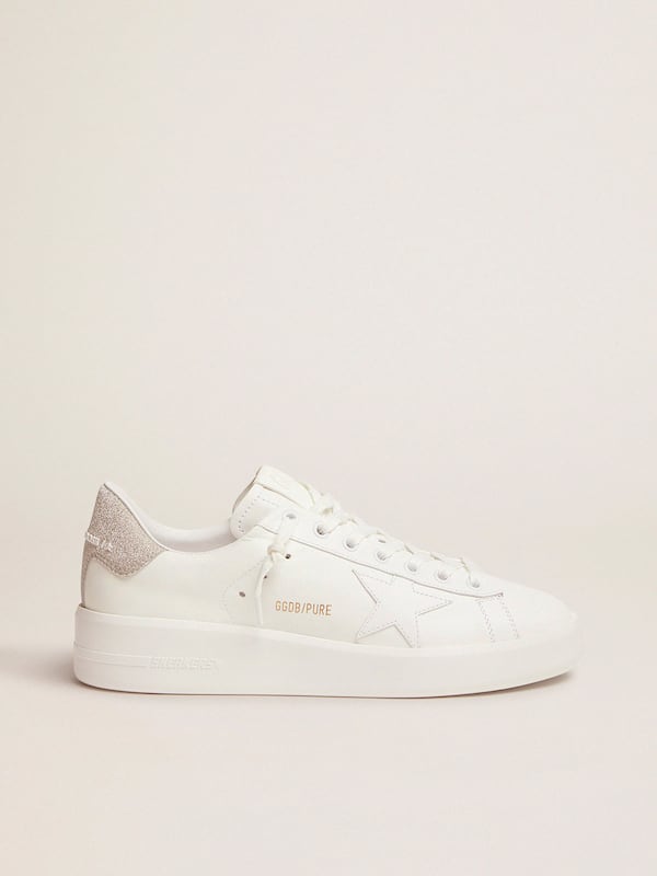 Golden Goose - Purestar sneakers in white leather with champagne glitter heel tab in 