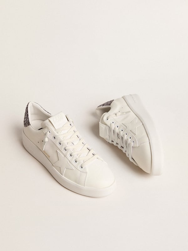 Golden Goose - Women's Purestar with white leather star and anthracite glitter heel tab in 