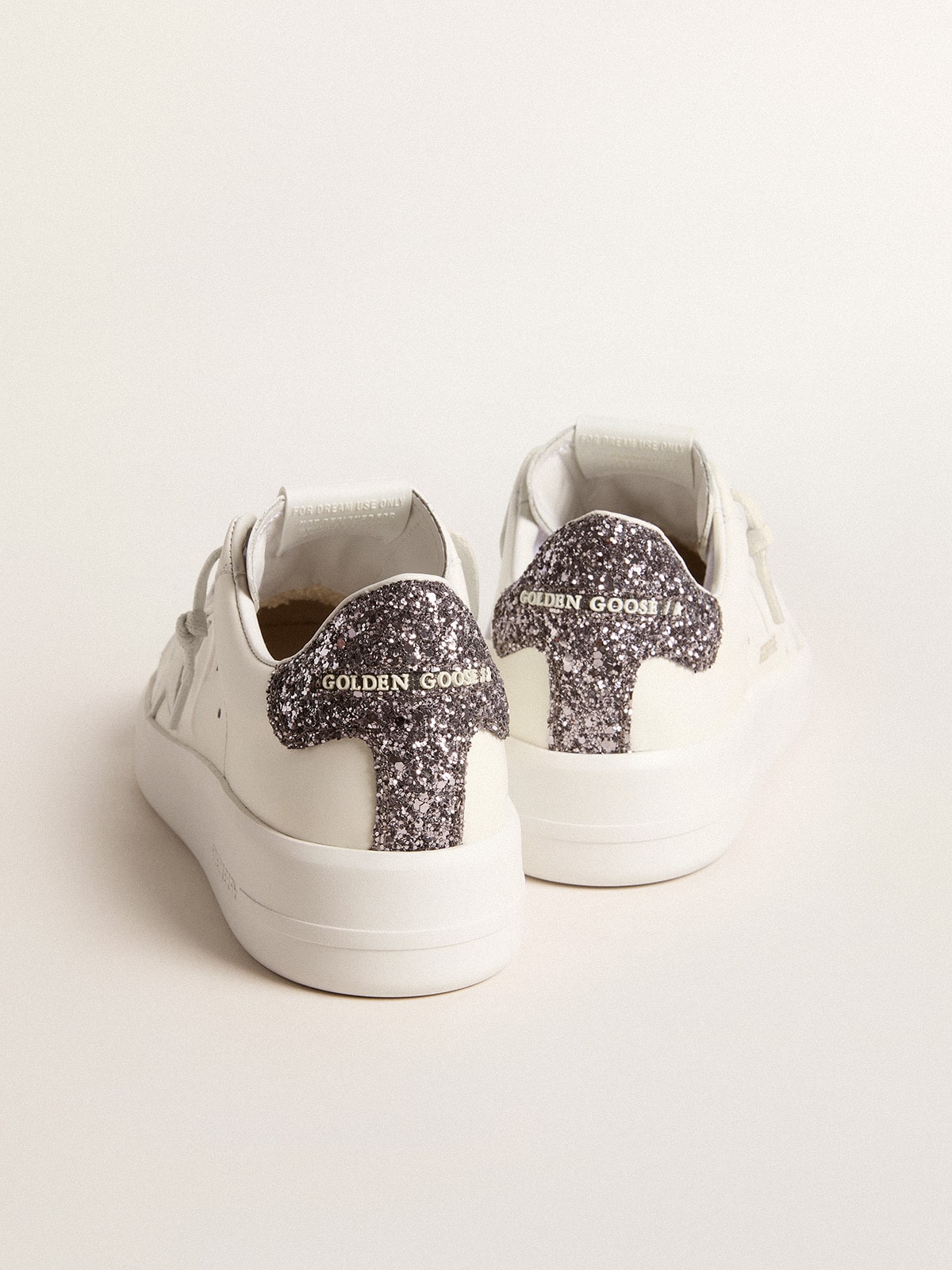 Women s Purestar with white leather star and anthracite glitter heel tab Golden Goose