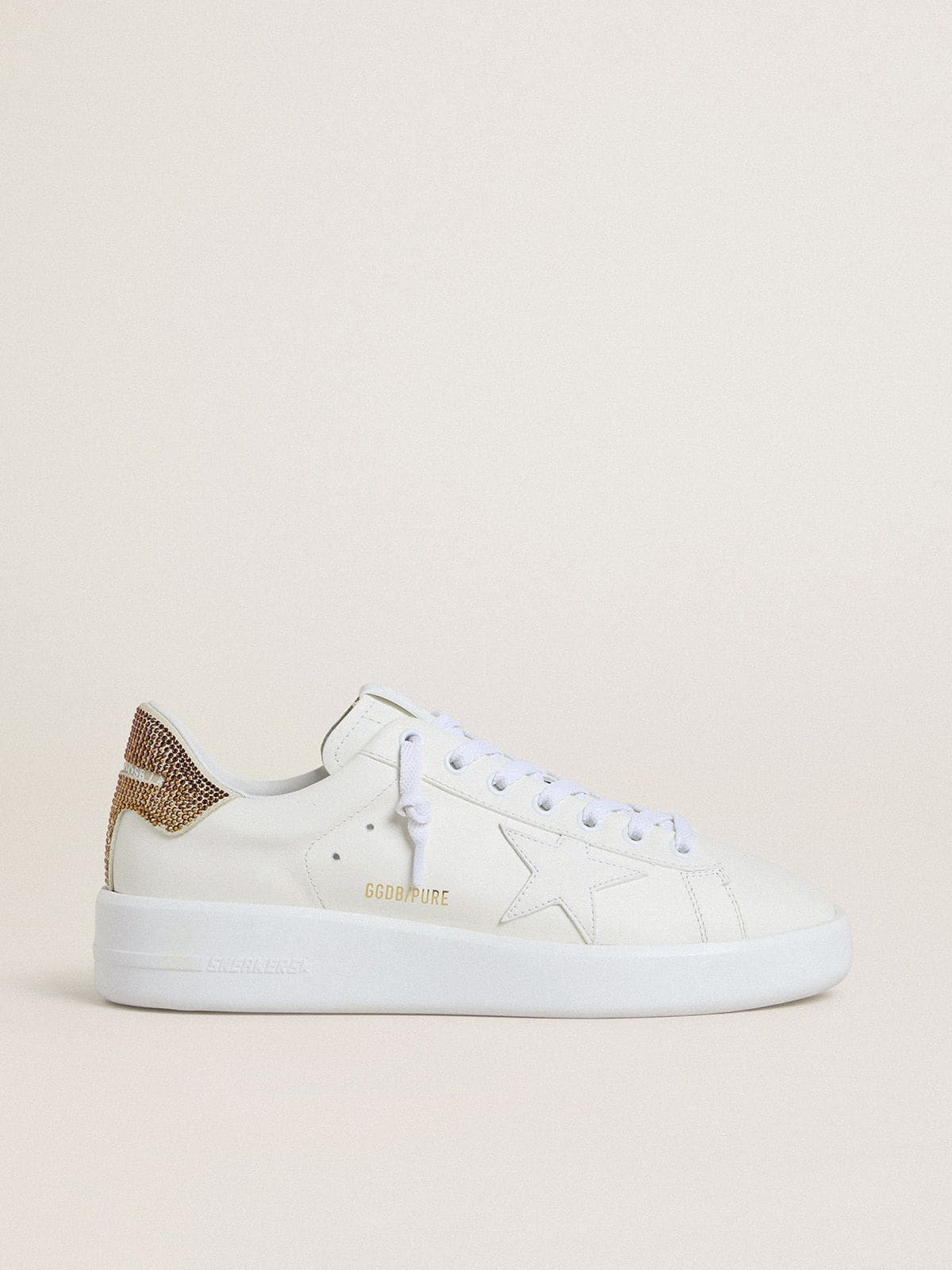 Golden Goose - 饰有白色皮革星星图案和棕色水晶鞋提的女款 Purestar 运动鞋 in 