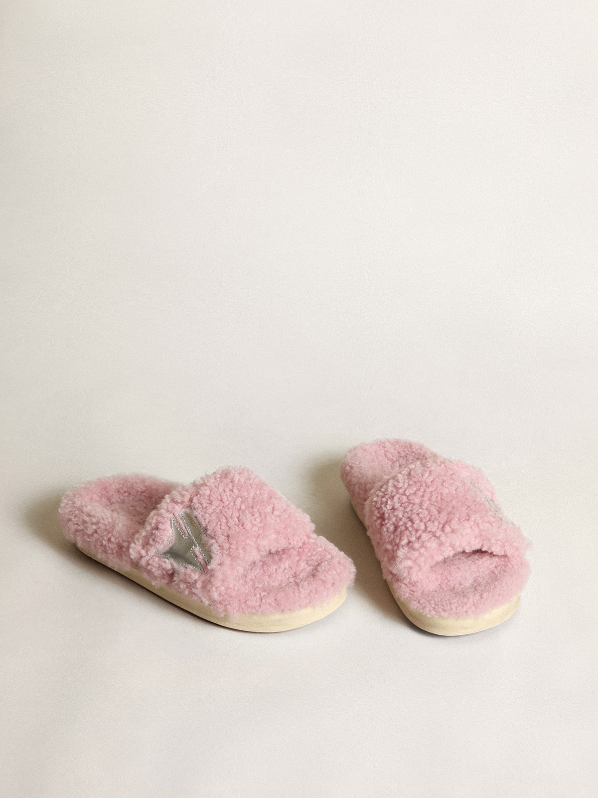 Golden Goose - Women's Poolstar in pink shearling with silver laminated leather star in 