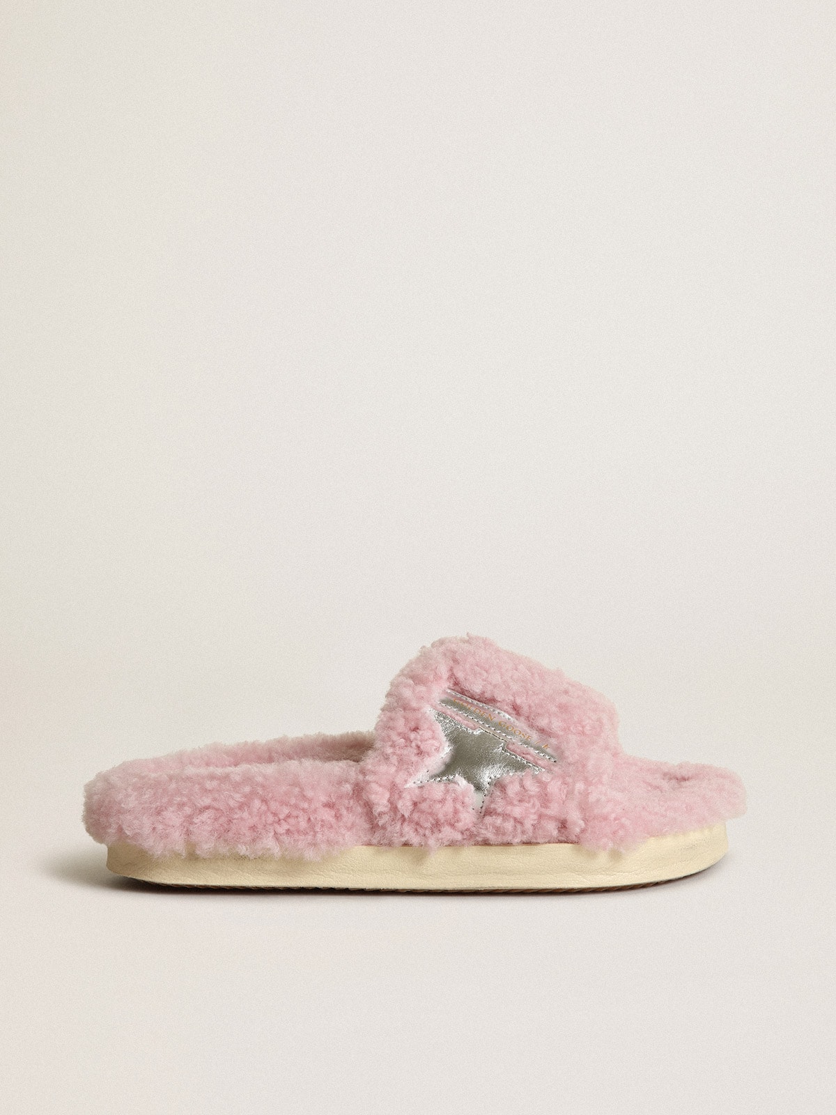 Golden Goose - Women's Poolstar in pink shearling with silver laminated leather star in 