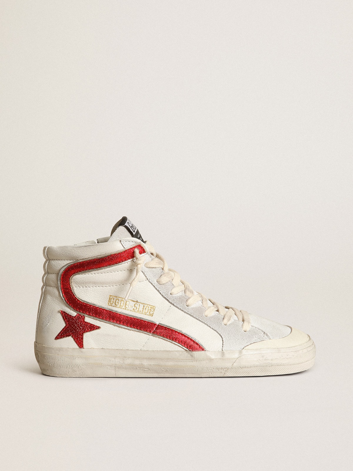 Slide with a red laminated leather star and flash Golden Goose