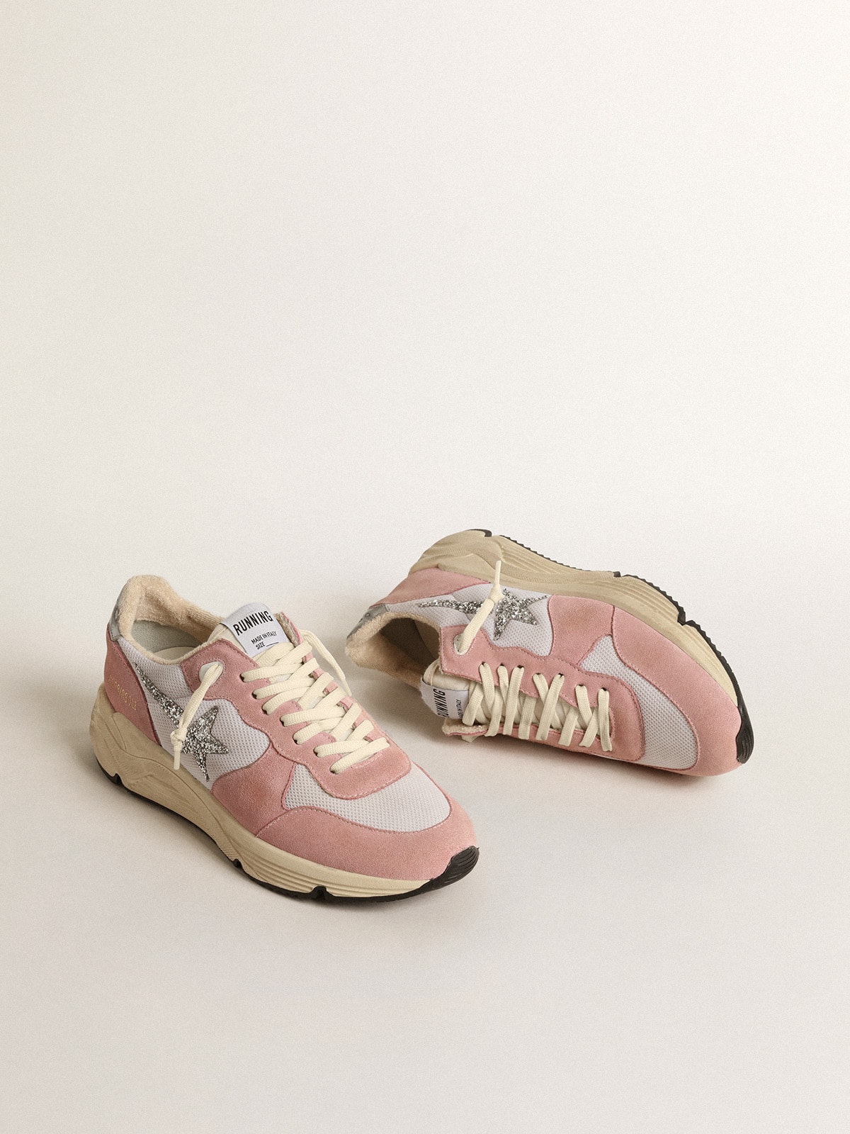 Golden Goose - Running Sole in gray mesh and suede with silver glitter star in 