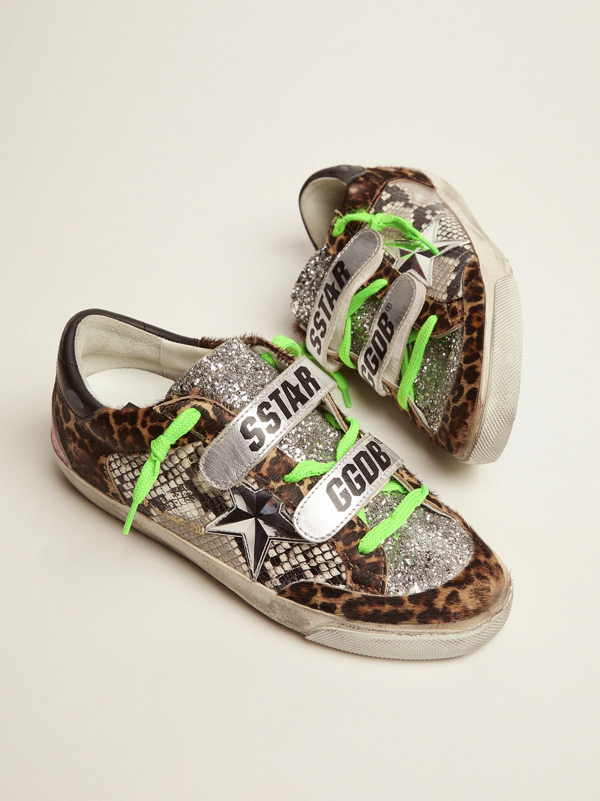 Golden Goose - Old School sneakers with leopard-print pony skin and snake-print leather upper in 