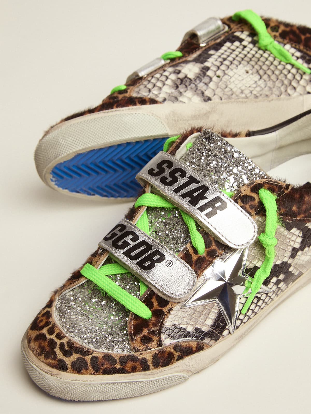 Golden Goose - Old School sneakers with leopard-print pony skin and snake-print leather upper in 