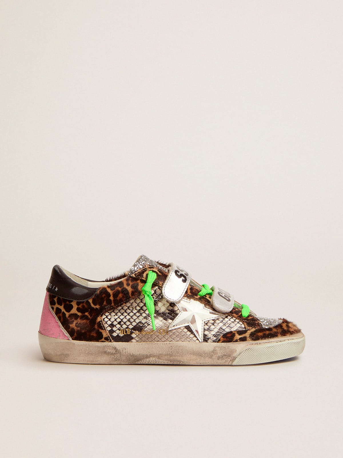 Golden Goose - Tênis Old School com cabedal de couro cavalinho com estampa de leopardo e couro com estampa de píton in 