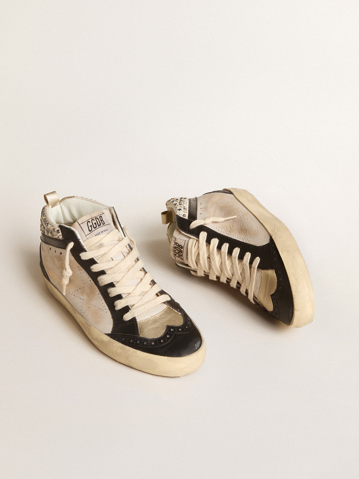 Golden Goose - Women’s Mid Star LTD in black and white leather with pearls and perforated star in 