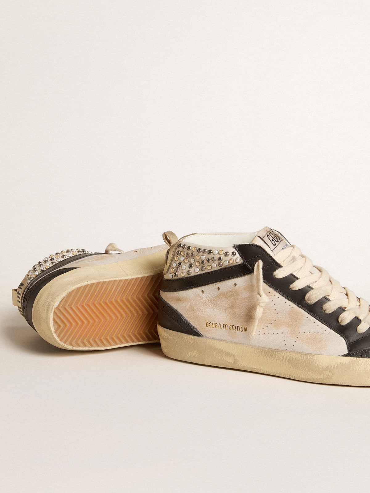 Golden Goose - Women’s Mid Star LTD in black and white leather with pearls and perforated star in 