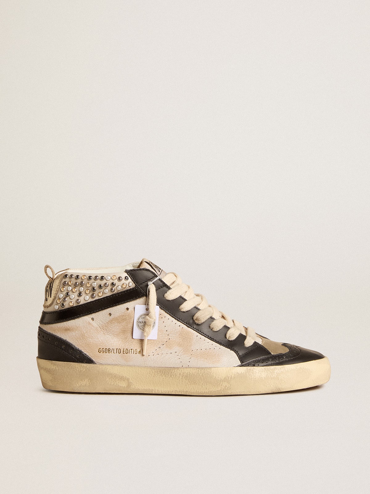 Golden Goose - Women’s Mid Star LTD in black and white leather with pearls and perforated star in 