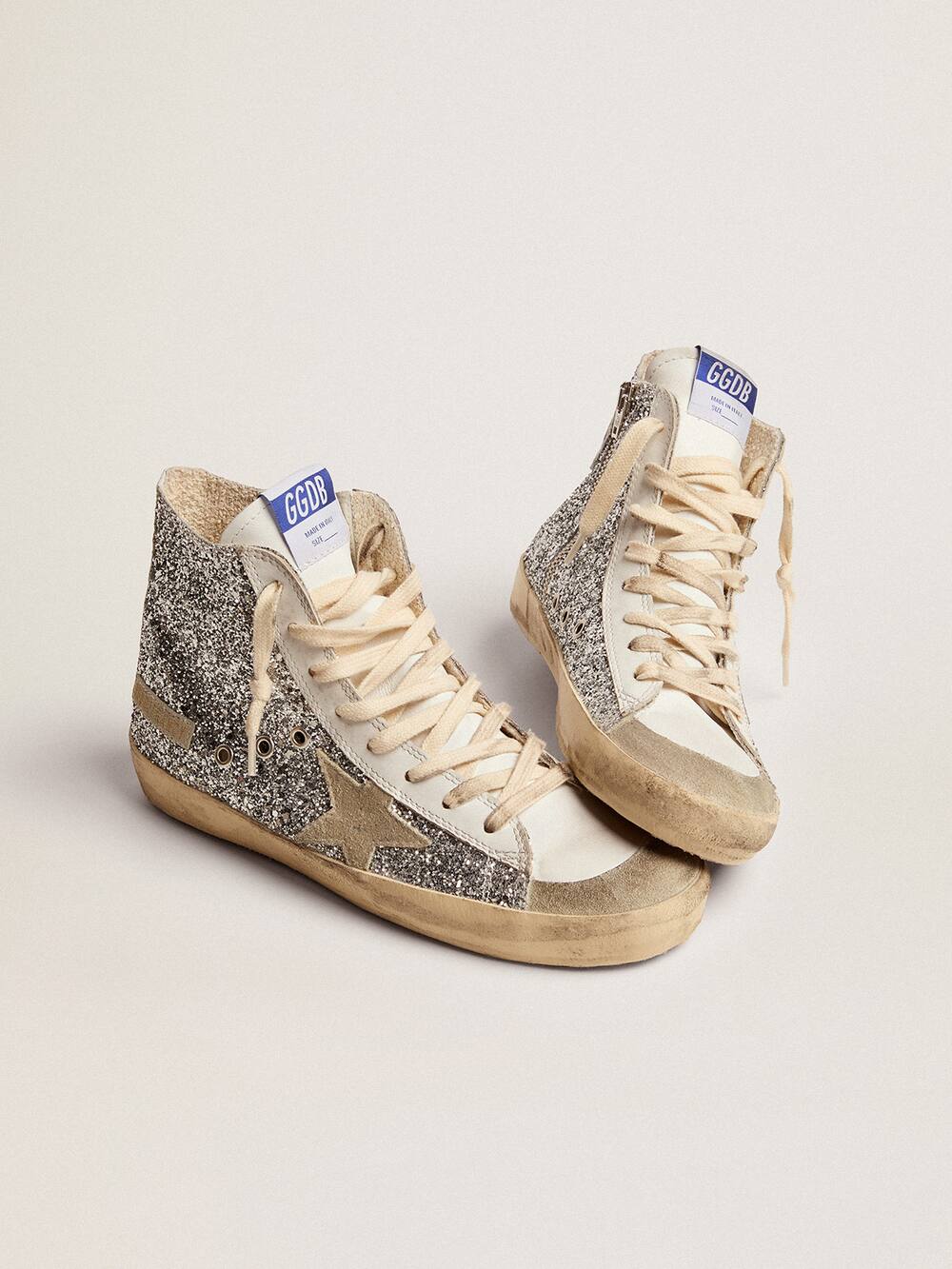 Women's Francy with glitter upper and ice-gray suede star | Golden Goose