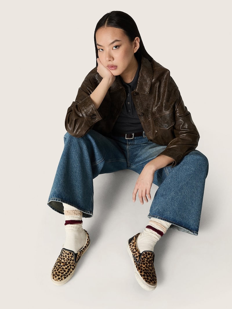 Golden Goose - VCE Penstar pour femme en cuir fa&ccedil;on poulain &agrave; imprim&eacute; l&eacute;opard avec contrefort en cuir noir in 