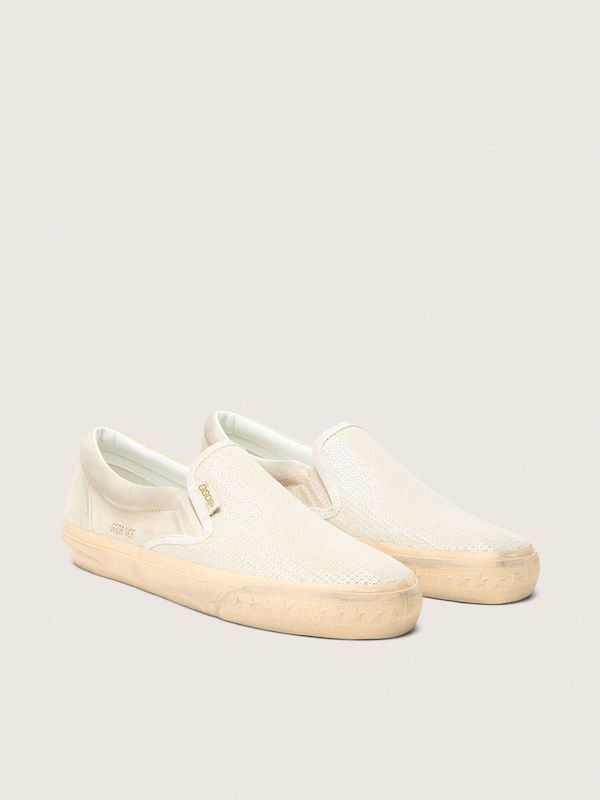 VCE Penstar pour femme en cuir velours beige et sequins nacr&eacute;s