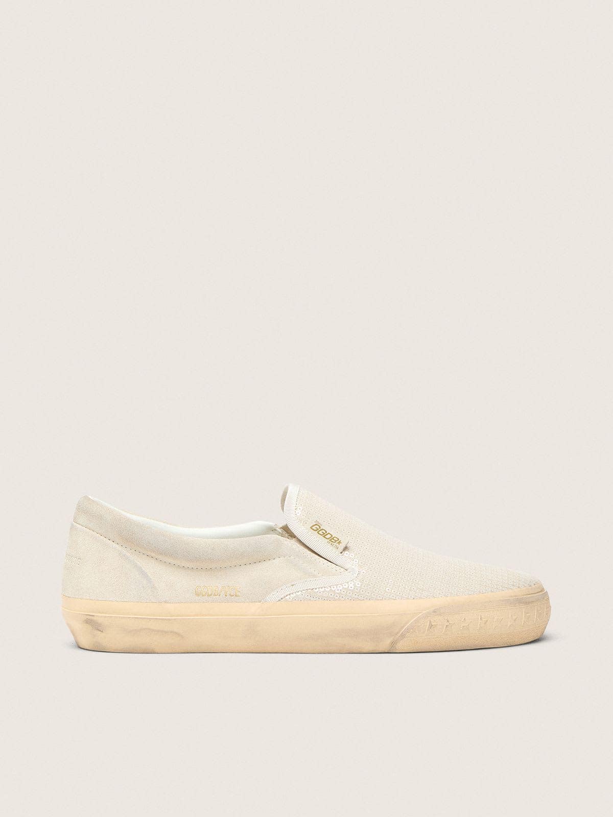 Golden Goose - Women&rsquo;s VCE Penstar in beige suede and pearl-colored sequins in 