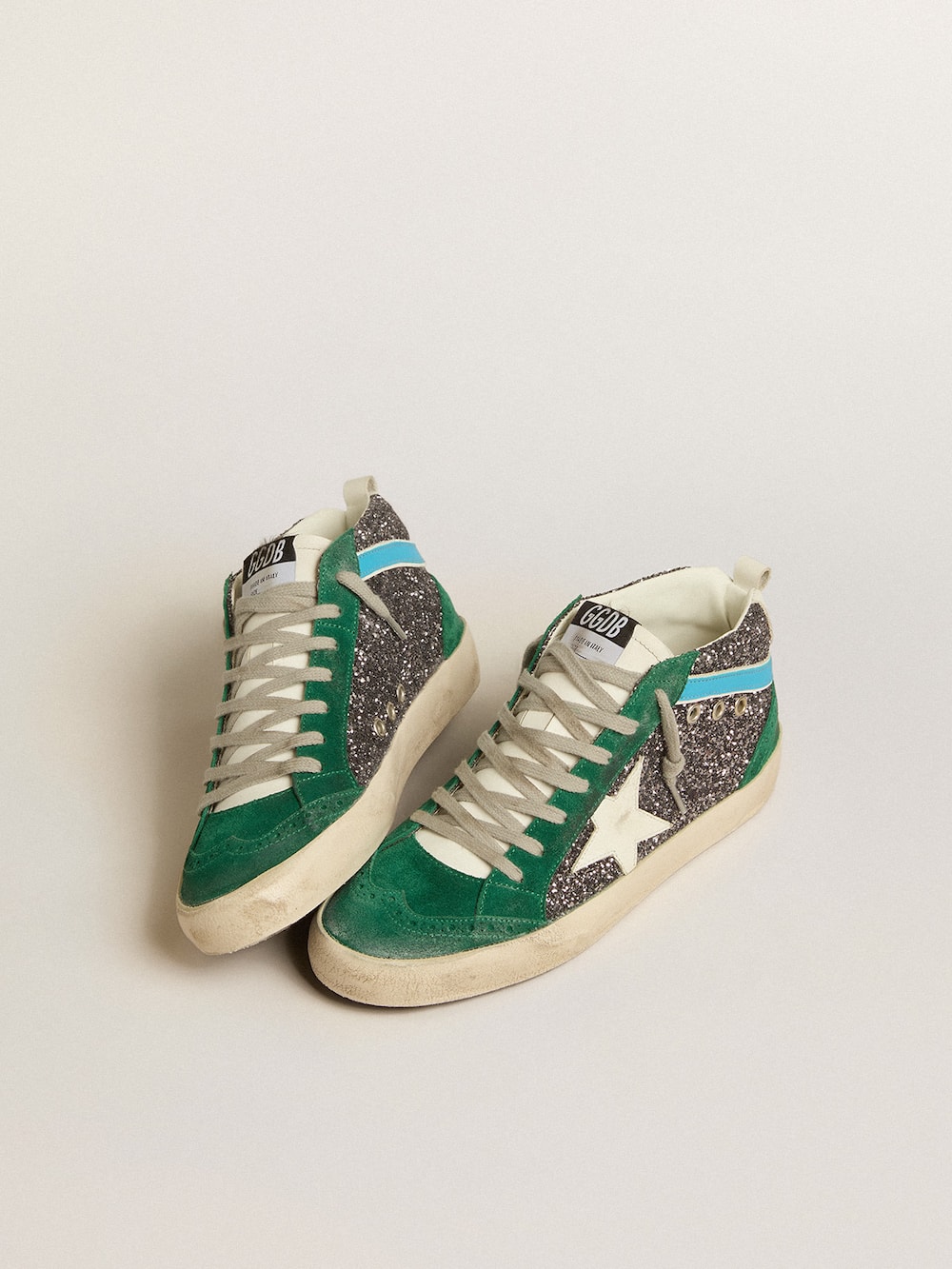 Golden Goose - Mid Star in anthracite glitter with leather star and light blue flash in 
