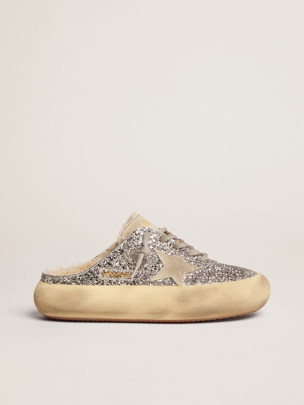 Golden Goose - Space-Star Sabot Donna in glitter argento e fodera in shearling in 