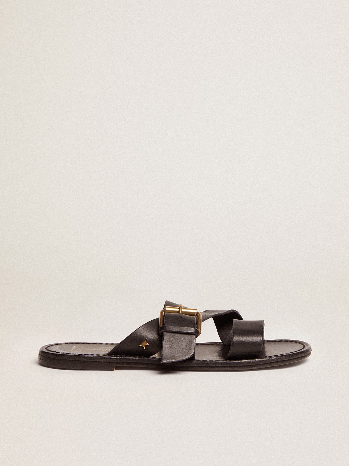 Golden Goose - Margaret flat sandals in black resin-coated leather in 