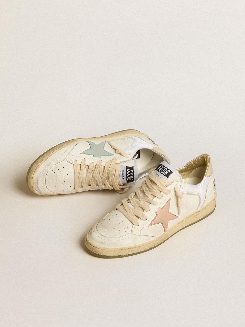 Golden Goose - Ball Star in nylon and leather with pink and light blue star and beige heel tab in 