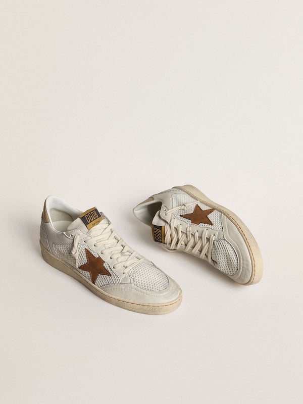 Golden Goose - Women's Ball Star in white nappa and mesh with tobacco-colored nubuck star and beige heel tab in 
