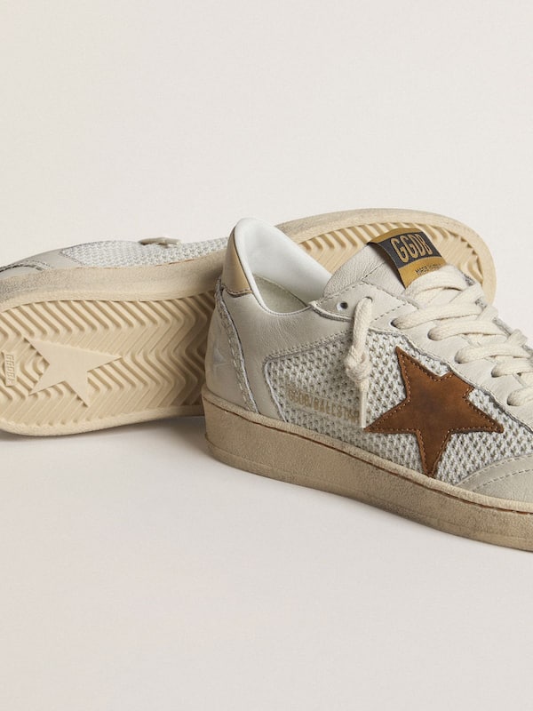 Golden Goose - Women's Ball Star in white nappa and mesh with tobacco-colored nubuck star and beige heel tab in 